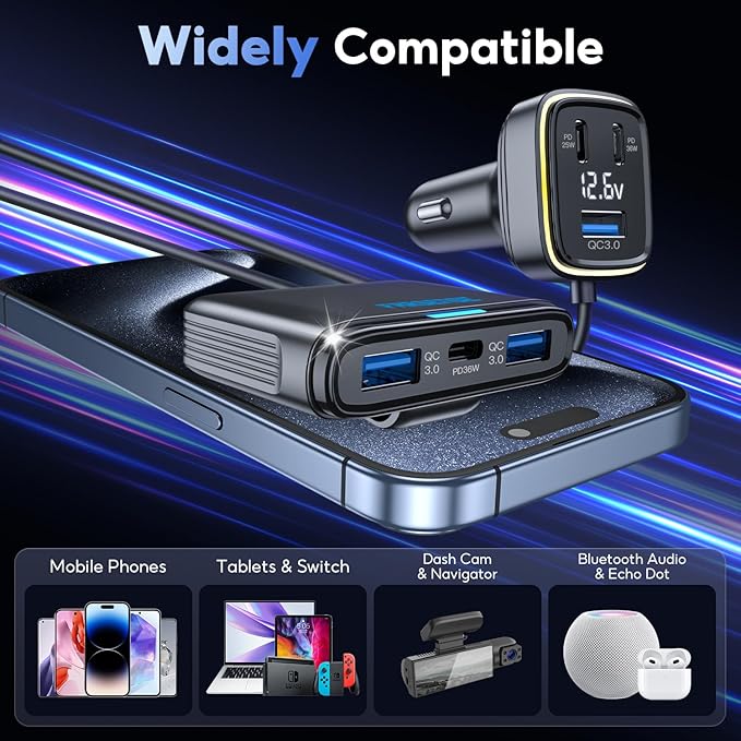 FARSENSE 115W 6-Port USB C Car Charger with PD Fast Charging & LED Display - Universal for iPhone, Samsung, iPad, Laptop