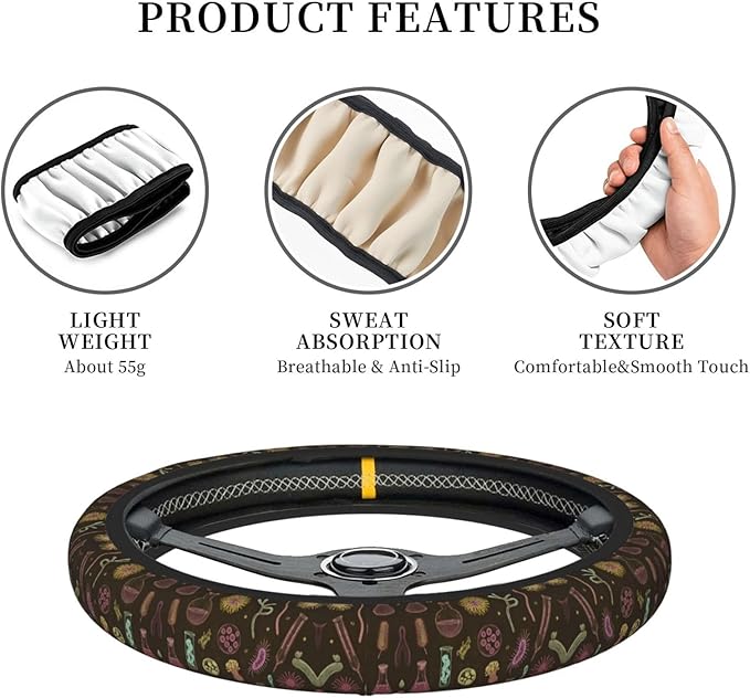 Science Laboratory Microbes Pattern Car Steering Wheel Cover, 15 Inch Steering Wheel Cover Stylish Decor for Most Cars