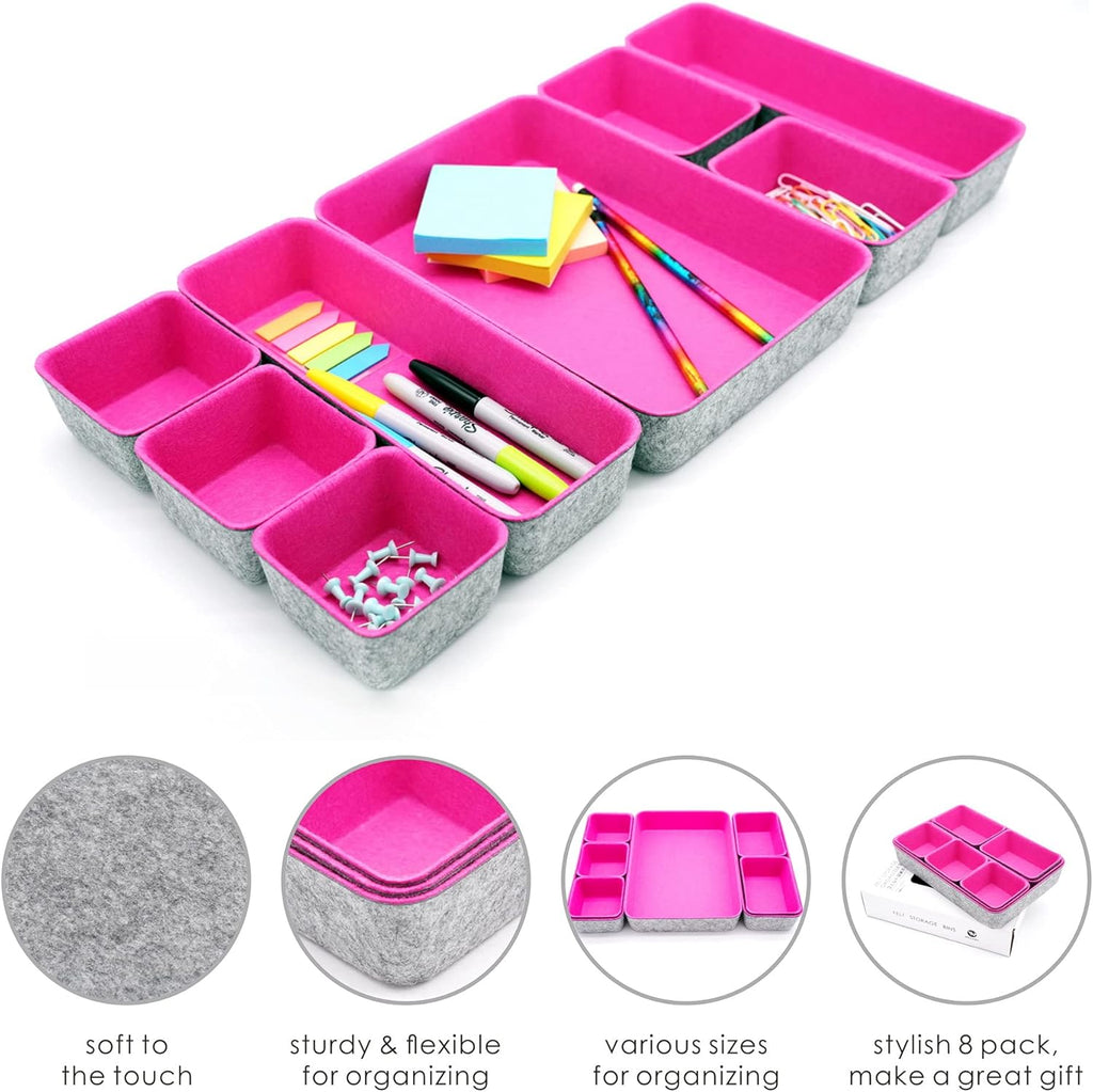 Welaxy desk drawer organizers tray for office suppliers entryway catchall key holder makeup crafts pens decluttering 8-piece fall gift (‎hot pink)