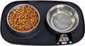 GORILLA GRIP Feeding Mat Set, 4 Cup, Patent Pending 100% Waterproof BPA Free Silicone, Stainless Steel Cat and Dog Bowls, Slip Resistant, High Edges Catch Water Food, US Designed Pet Accessories Black