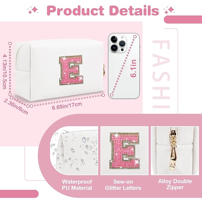 Small Initial Patch Makeup Bag Personalized Gifts Make Up Bag,White Cute PU Leather Glitter Letter Cosmetic Bag with Zipper,Trendy Portable Travel Toiletry Pouch,Preppy Stuff for Teen Girls Women E
