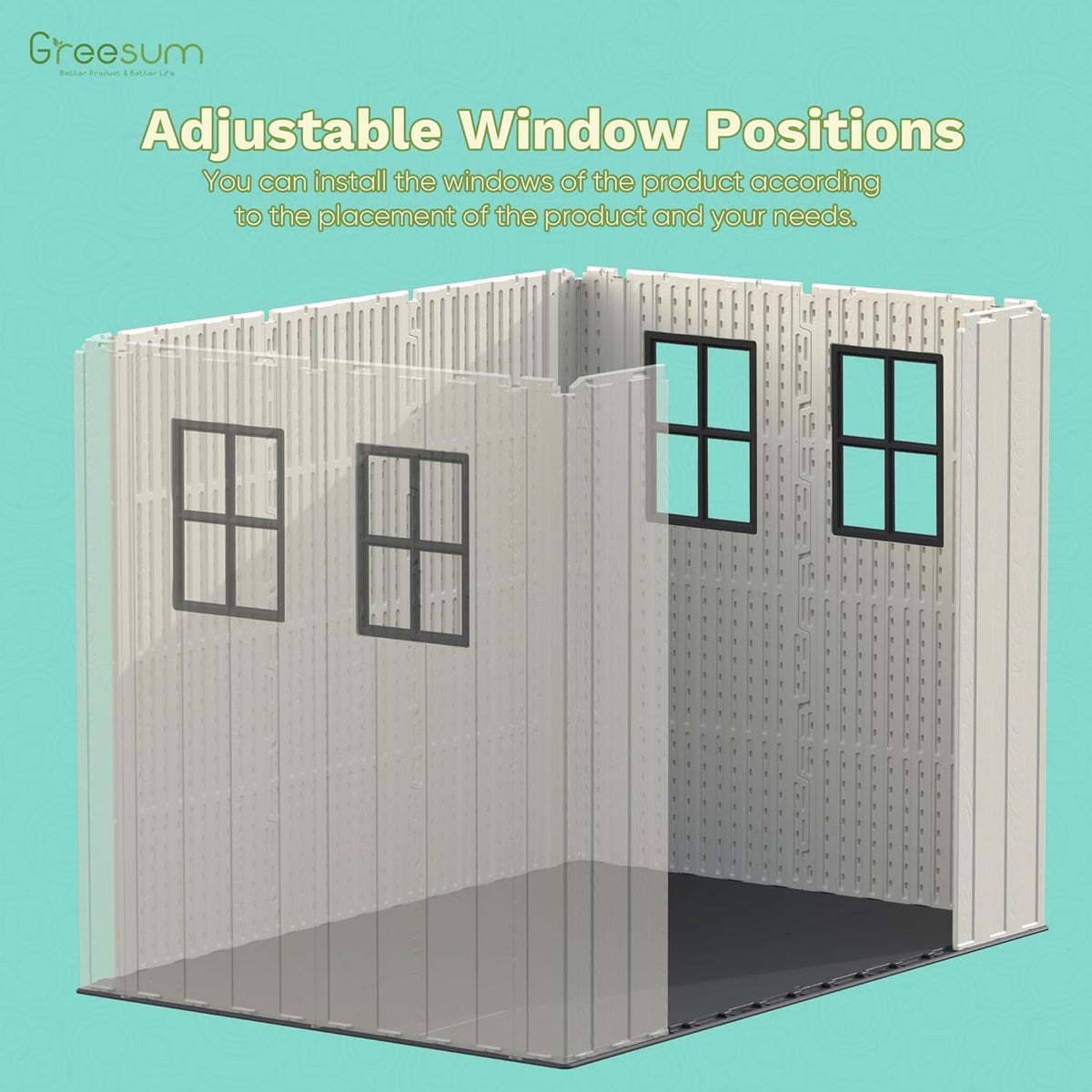 Greesum 8×6 FT Plastic Outdoor Storage Shed with Floor, Resin Sheds with Window and Lockable Door, Weather Resistant Organization for Garden, Lawn, Pool Supplies, Beige