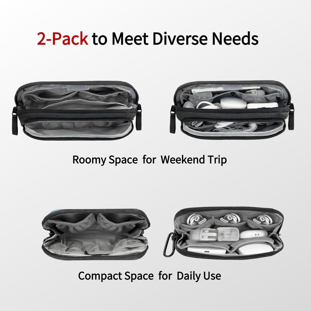 Travel Tech Carrying Pouch - Portable Electronics Organizer Travel Case, Portable Tech Organizer, All-in-One Storage Bag for Charging Cable (2 Pack, Black, Medium+Small)
