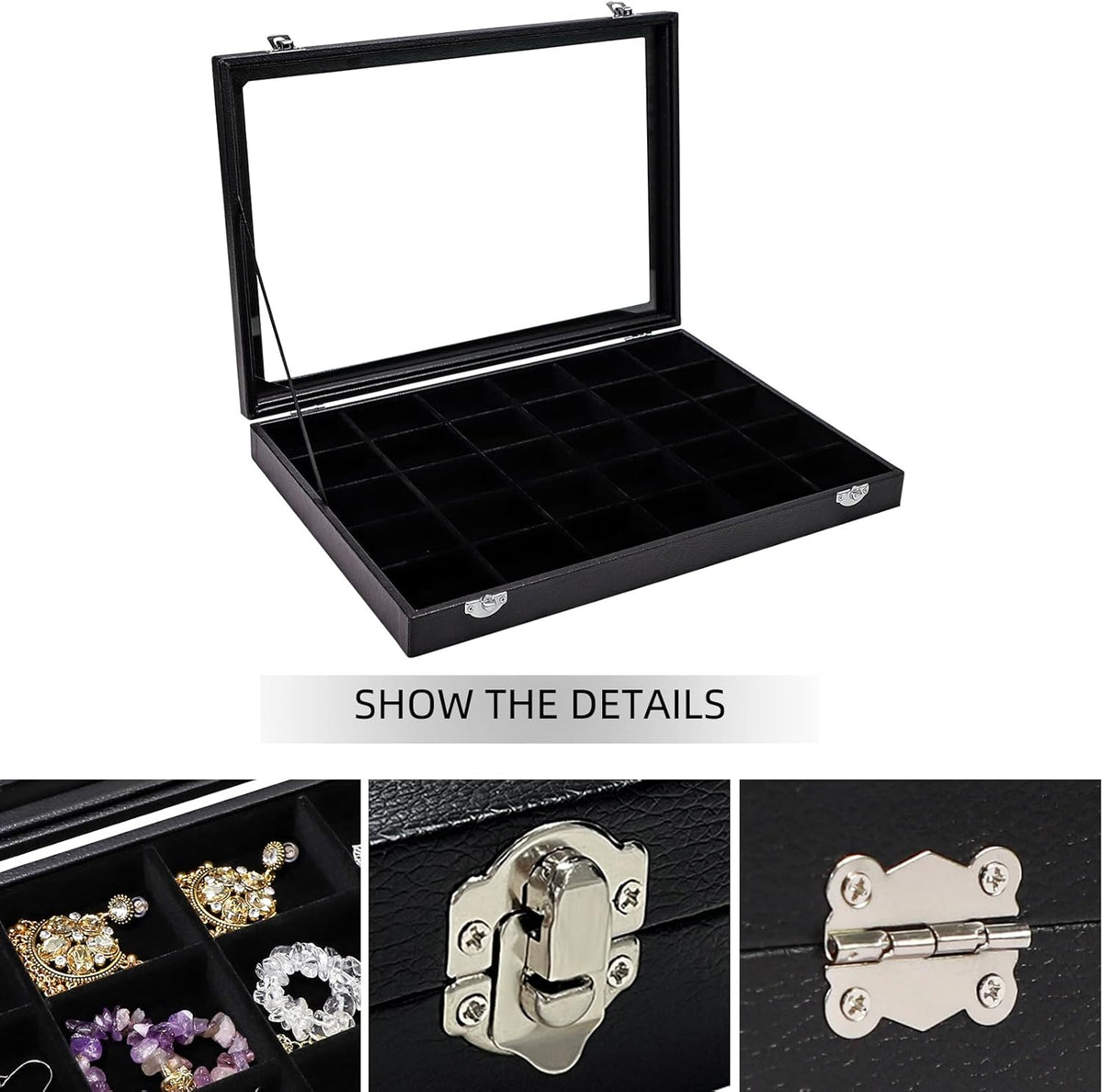 Wudygirl 30 Grid Jewelry Organizer Clear Lid Jewelry Tray Stackable Jewelry Storage Case Display Rings,Earrings,Necklace,Black Velvet (30 Grid)