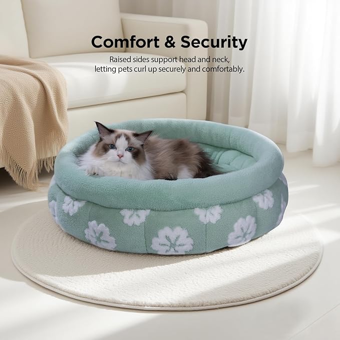 BALANCE Cat Beds for Indoor Cats, Washable Round Cat Bed, Cute 3D Flower Kitten Bed with Anti-Slip Bottom for Puppy and Kitten, 23 Inches, Green