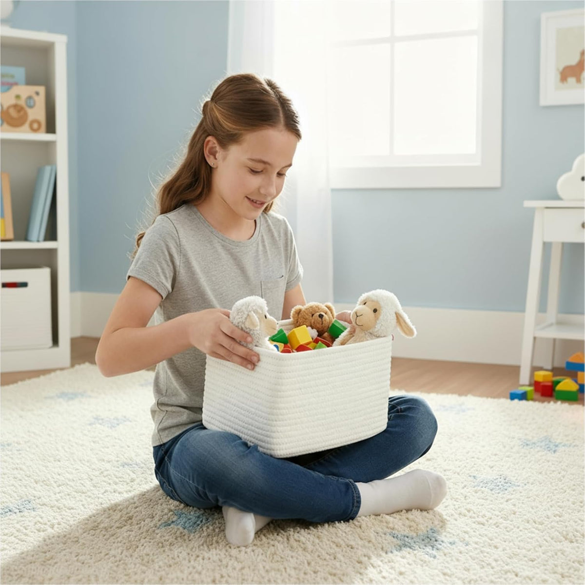 Small Cotton Rope Basket – Storage Bin for Organizing (10.6" x 6.7" x 6.7"), Bathroom Storage Basket for Shelf, Counter & Closet（White）