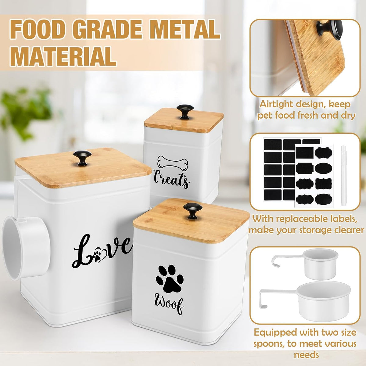 Metal Dog Treat Containers Set of 3 with Bamboo Lids and Spoon Airtight 7+3+2 lbs Dog Food Snack Jars with DIY Labels Big Pet Cookie Storage Jar for Kitchen Counter(White,Modern)