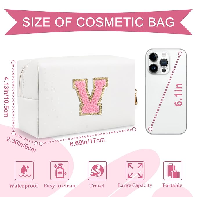 Personalized Makeup Bag Initial A-Z Preppy Patch Bag,Small PU Leather Travel Cosmetic Bag Pouch with Zipper,White Cute Toiletry Bag,Gift Ideal for Teen Girls Women Birthday Friend Mom,Letter V