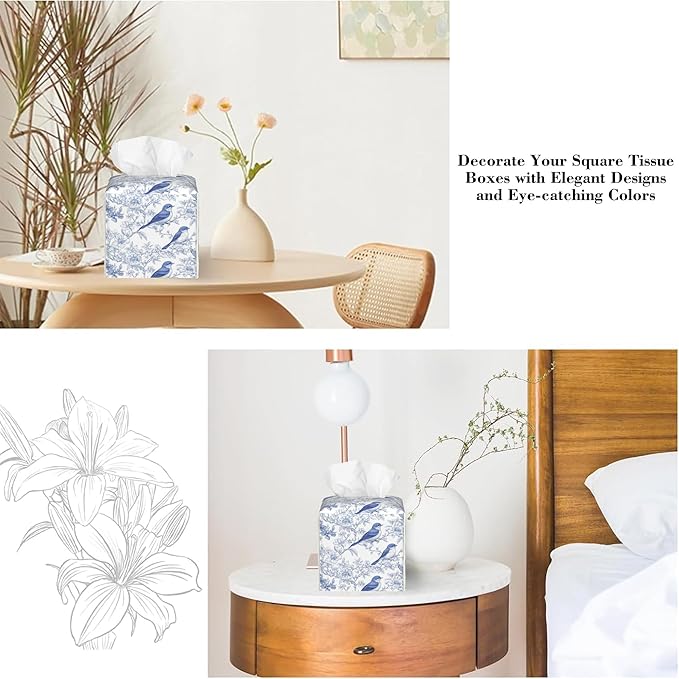 Blue Floral and Bird Tissue Box Cover Square Leather Tissue Holder Waterproof Facial Paper Organizer Dispenser Cube Paper Cover Case for Home Office Bathroom Vanity Countertop