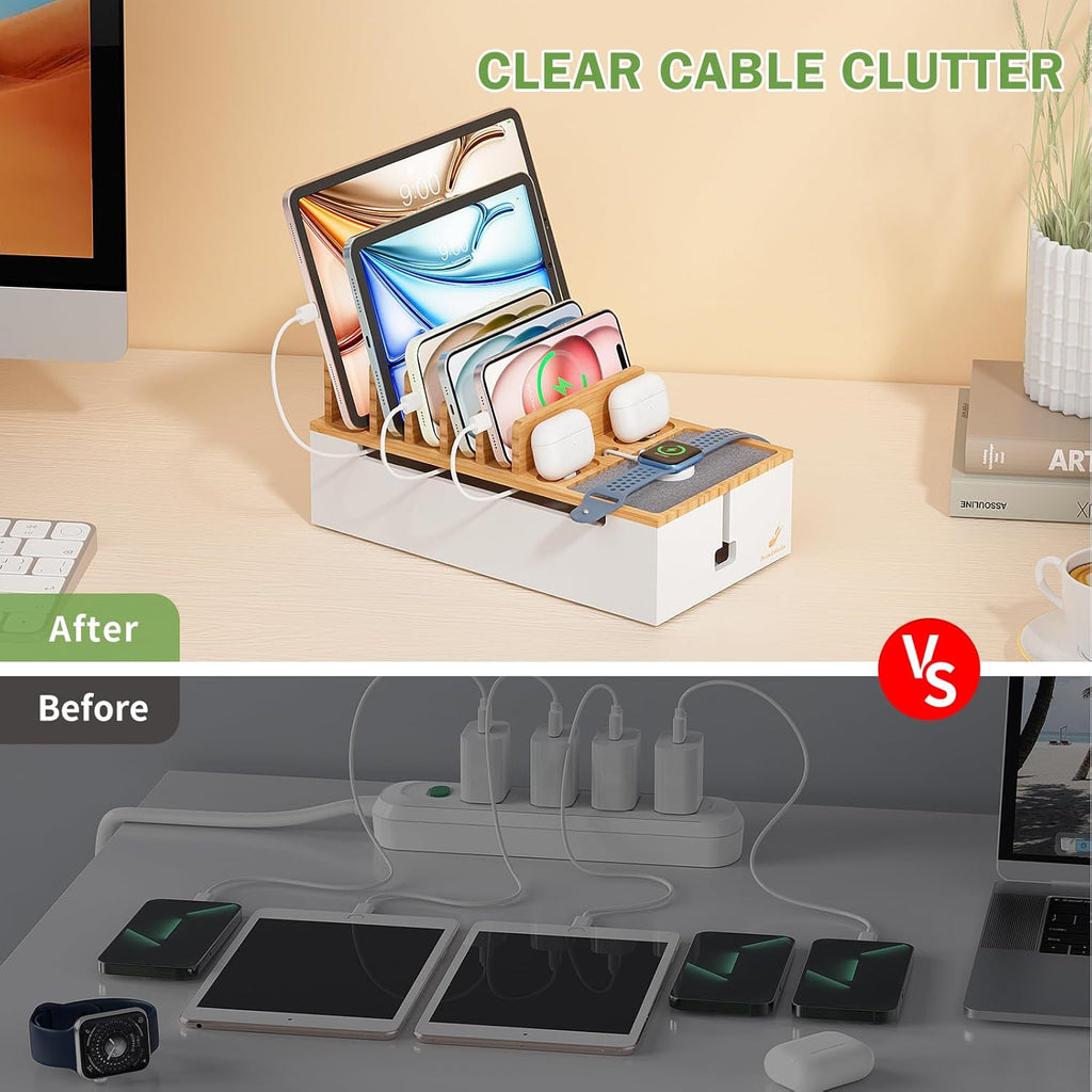 Pezin&Hulin Multi Devices Charging Station, With USB Adapter and 6 Cables, Cord Organizer for Desk, Cell Phone Charger Dock to Management Cables and Power Strip, Desktop Cord Hider Box -Natural +White