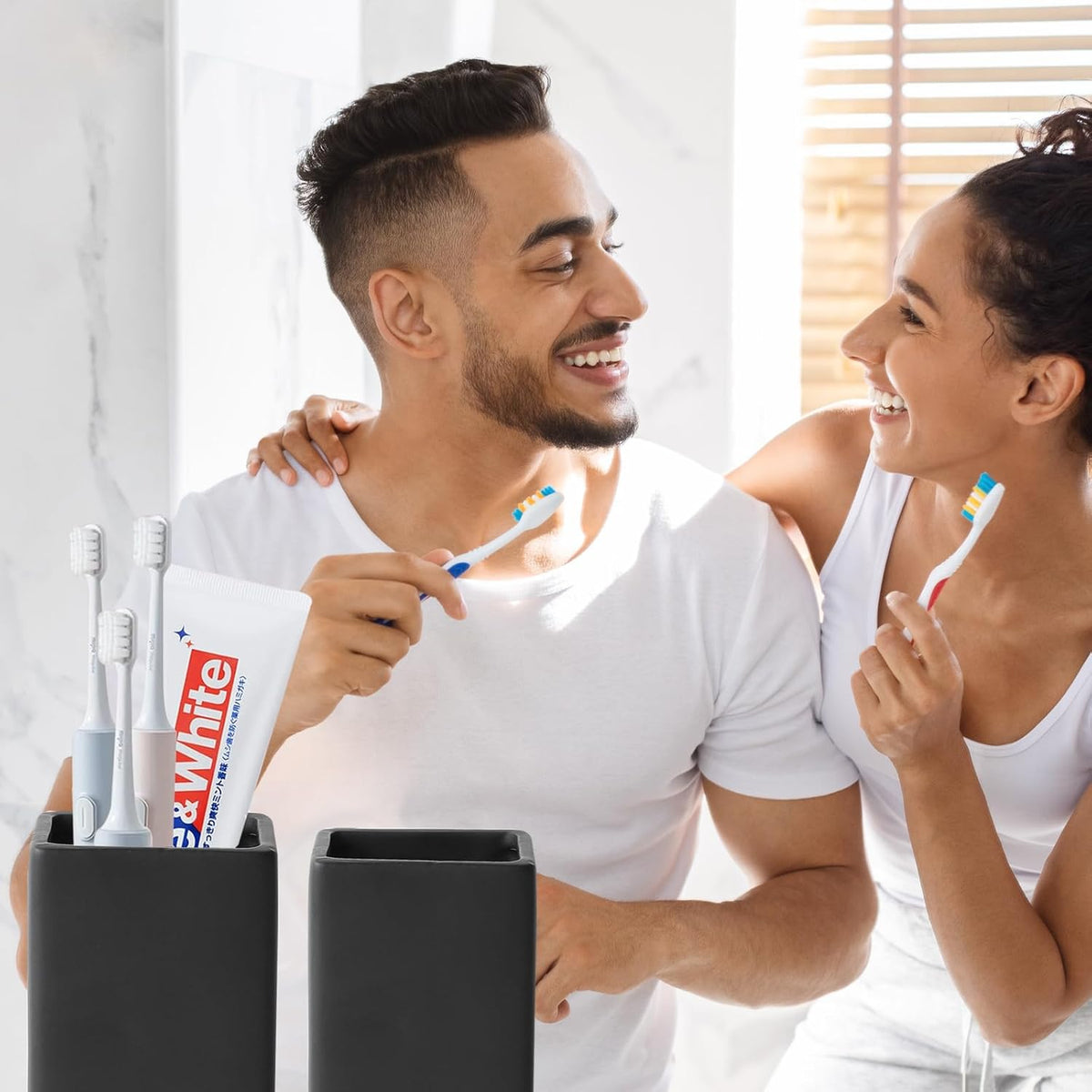 Black Square Toothbrush Holders for Bathrooms - 2 Cups Ceramic Square Toothbrush Toothpaste Holders Set, Bathroom Tumbler Cups Reusable Toothbrush Mouthwash Cup, Bathroom Counter Organizer.
