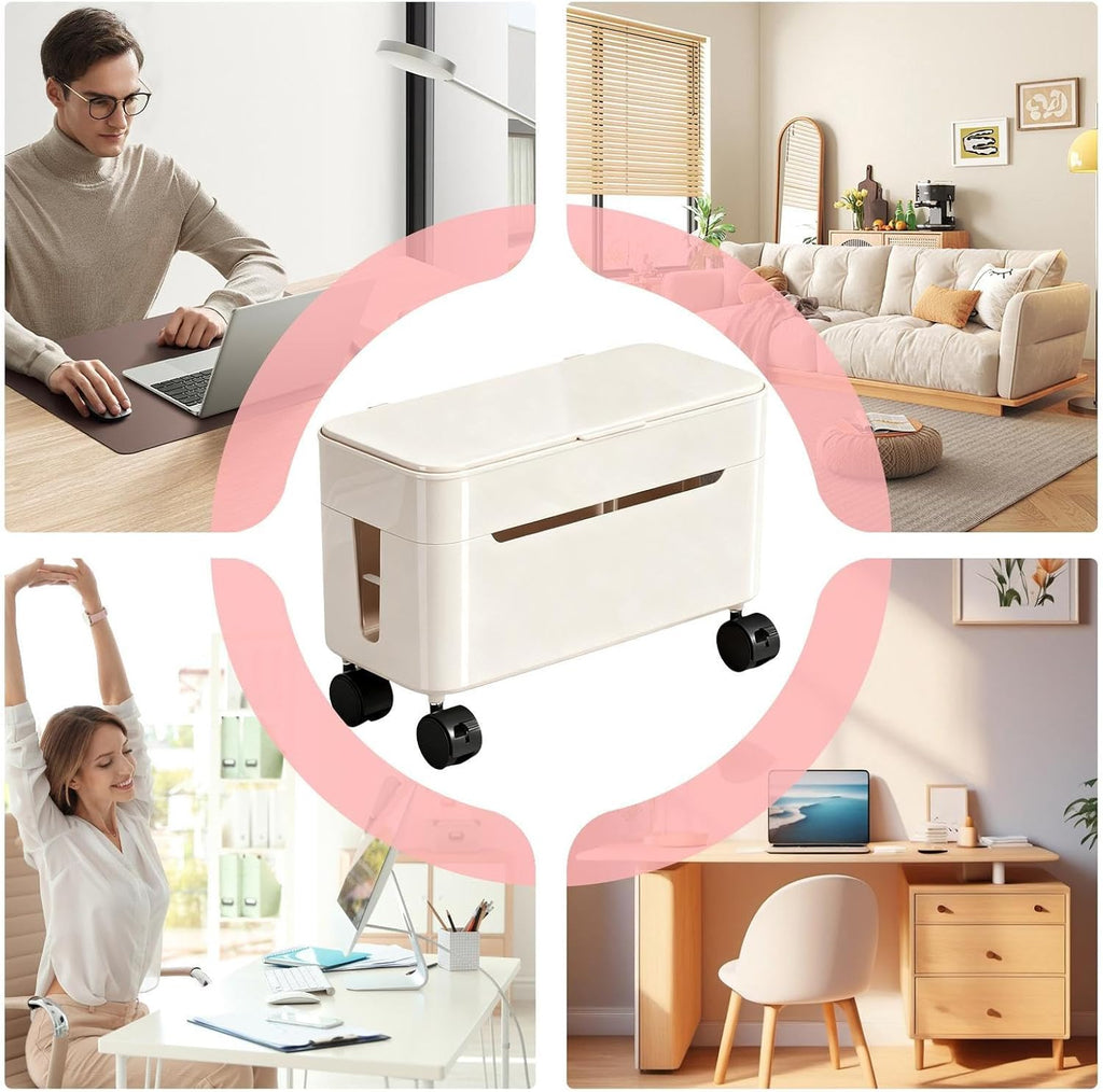 Cord Management Box, Wire Storage with Wheels and Tabletop Charger Organizer, Cable Storage Solution for Home, Office, Dormitory, Gaming Setup, TV Stand, Computer Desk, Tech Enthusiasts, Renters