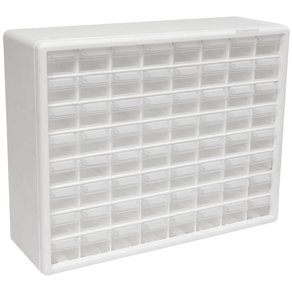 Akro-Mils 64-Drawer Plastic Drawer Storage Cabinet for Garage Organization, Bead Organizer, Building Bricks Storage, Teacher Toolbox, Makeup Organizer, 20" W x 6" D x 16" H, 10164 White
