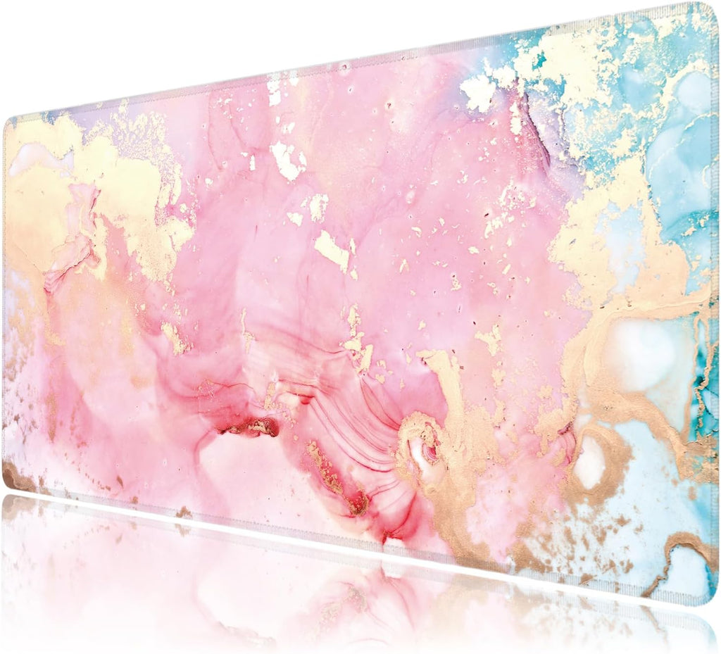 Cute Pink Marble Large Mouse Pad,Gaming Keyboard Desk Pad,Extended Mouse Mat Non-Slip Rubber Base with Stitched Edges for Office Game Home XXL 35.4"x15.7"