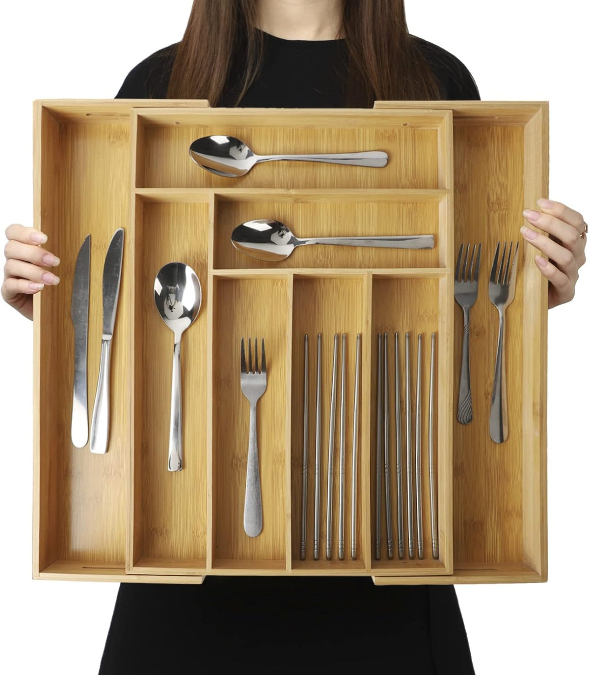 Expandable Bamboo Drawer Organizer – Large 20"x16.9" Size with Adjustable Dividers – for Kitchen Utensils, Knives, Cutlery, Flatware & Silverware Storage Tray