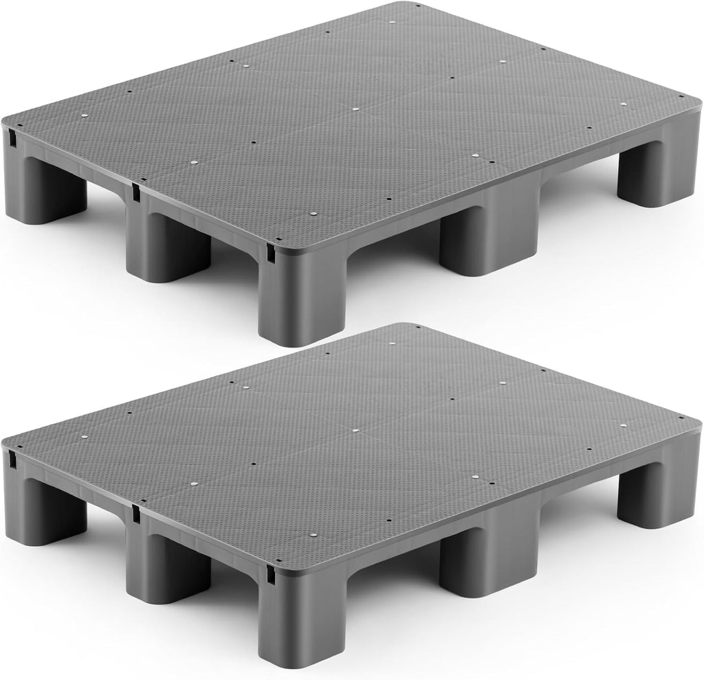 2 Pcs Plastic Pallet for Basement Storage Easy Stack Lightweight Floor Pallet Display Flooring Room Supermarket Christmas, Support up to 2000 Lbs (31.5'' L X 24'' W X 4.7'' H,Grey)