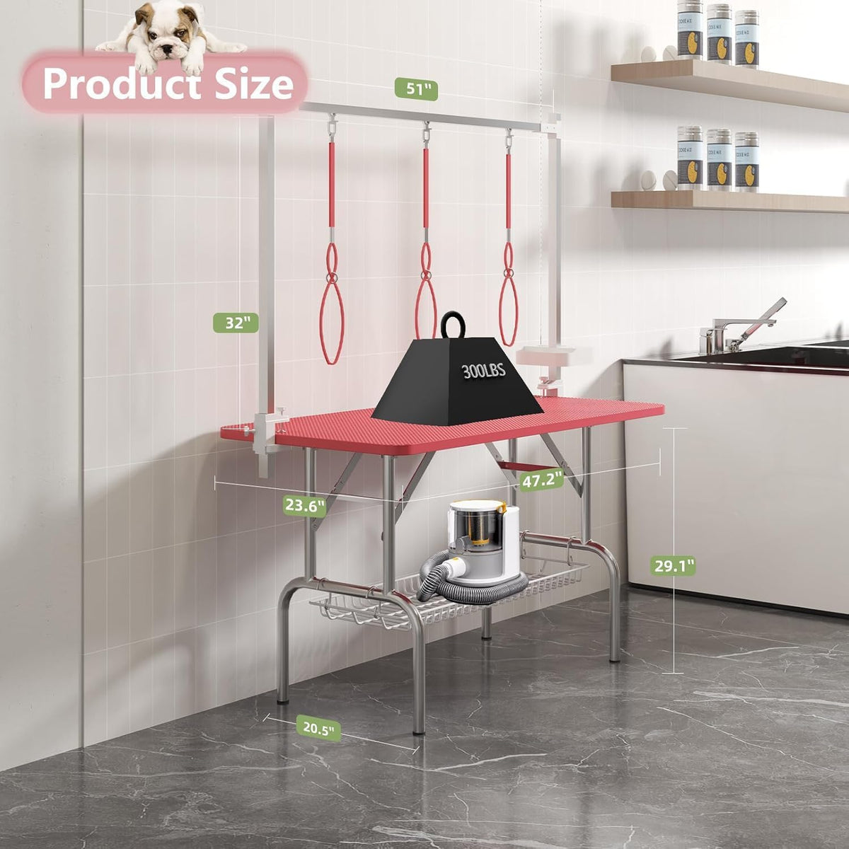 47'' Dog Grooming Table for Large Dogs, Foldable Grooming Table for Dogs at Home with Adjustable Arm & Clamp, Non-Slip Waterproof Top, Mesh Tray & Tool Holder, Stainless Steel Legs, 330LBS Capacity