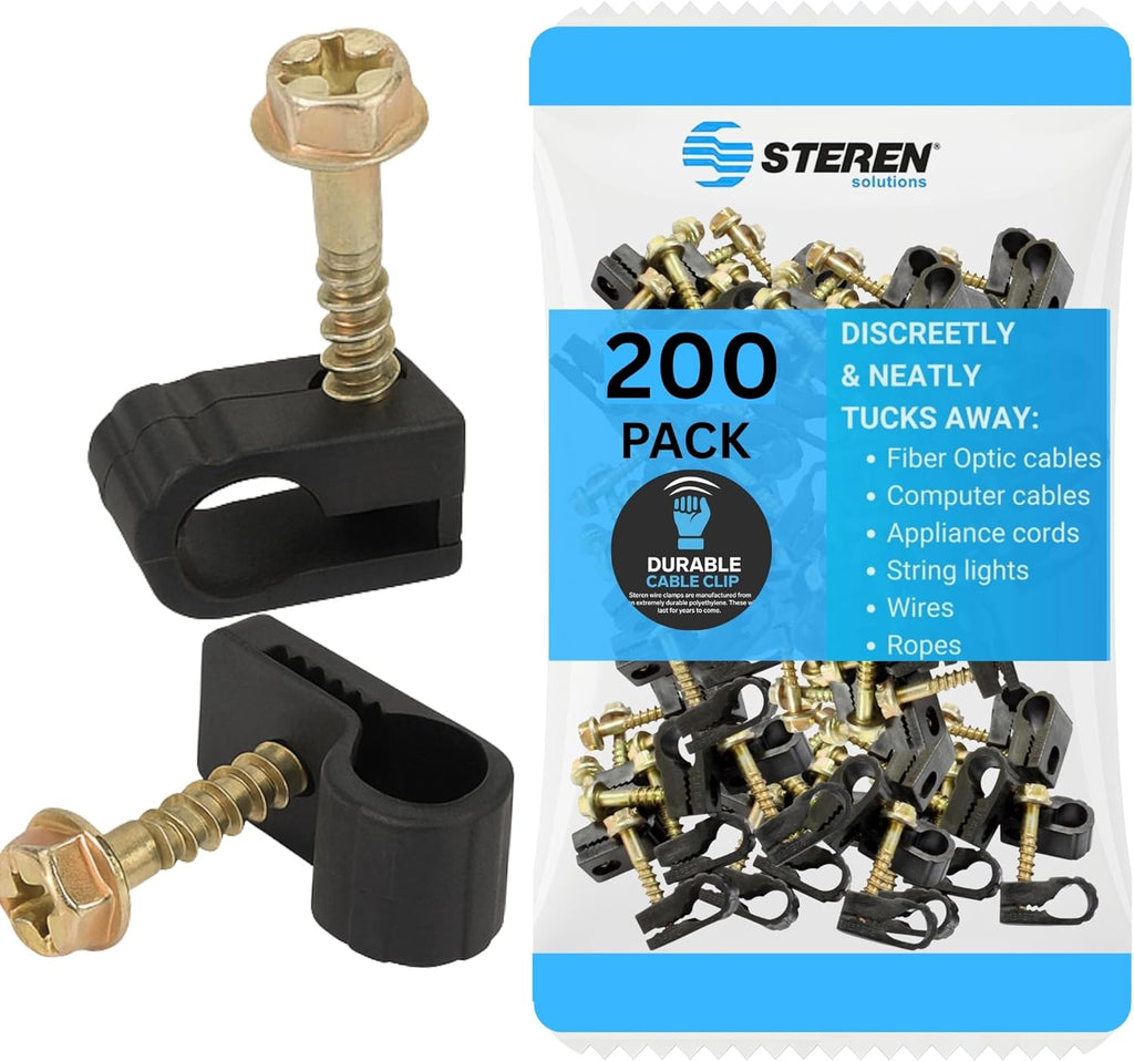 STEREN Coaxial Cable Clips - Cable Holder - Siding Clips for Hanging - Cord Holder for Desk - Cable Clamps - Cord Clip - Wire Organizer Clips - Tv Mount Screws (Black, 200 Count - Single Screw)