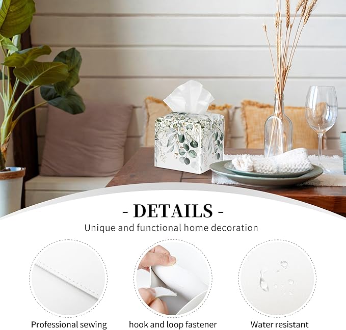 Eucalyptus Leaves and Flowers Tissue Box Cover Square,Watercolor Green Leaves Branches Tissue Box Holder Waterproof Leather Facial Paper Organizer Dispenser for Bathroom Home Car Nightstand Vanity