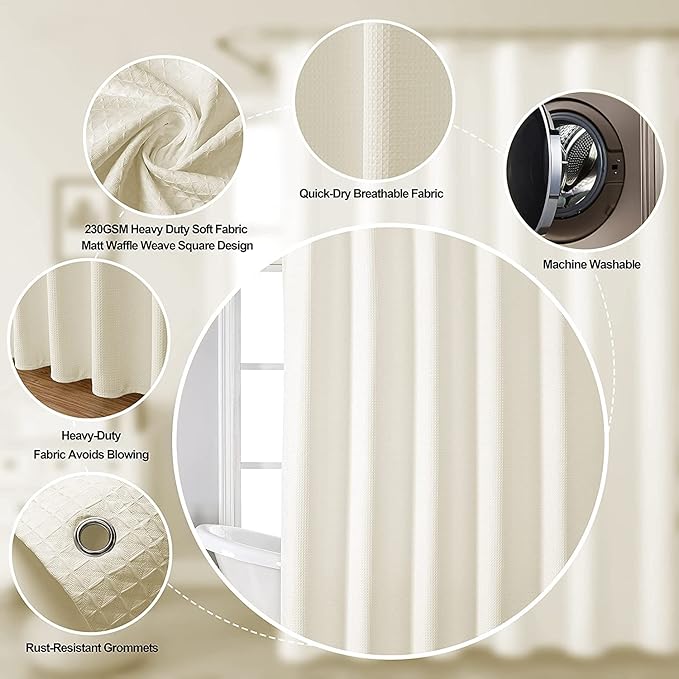 MISS SELECTEX Fabric Shower Curtain, Hotel Quality Waffle Weave Shower Curtain- Spa,Heavy Duty Waffle Shower Curtain for Bathroom/Shower, Machine Washable, Water Repellent,108x72,Beige