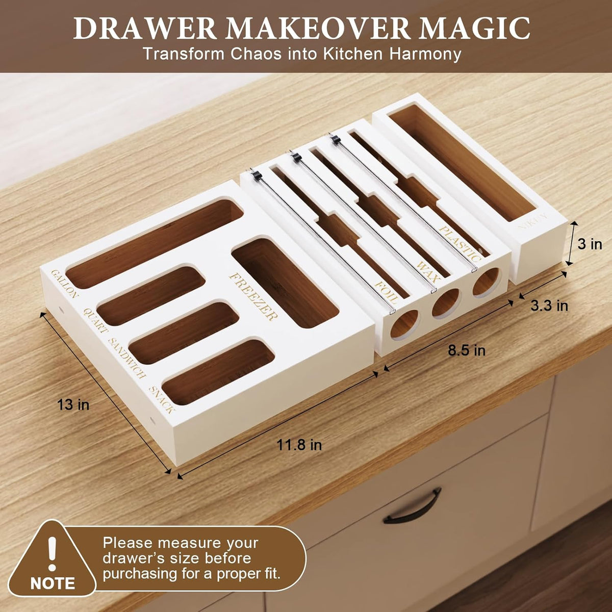 Bamboo Foil and Plastic Wrap Organizer for Kitchen Drawer, 2024 New 9 in 1 Plastic Bag Organizer Organization and Storage, Food Storage Bag Organizer with Labels for Quart Gallon Snack (White)