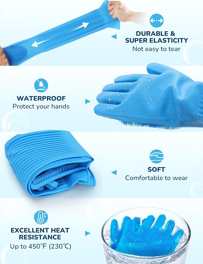Pecute Pet Grooming Gloves, Heat Resistant Cat Bathing Gloves with High-Density Teeth, Silicone Dog Bathing Gloves with Enhanced Five Finger Design, Bathing and Massaging for Dogs and Cats