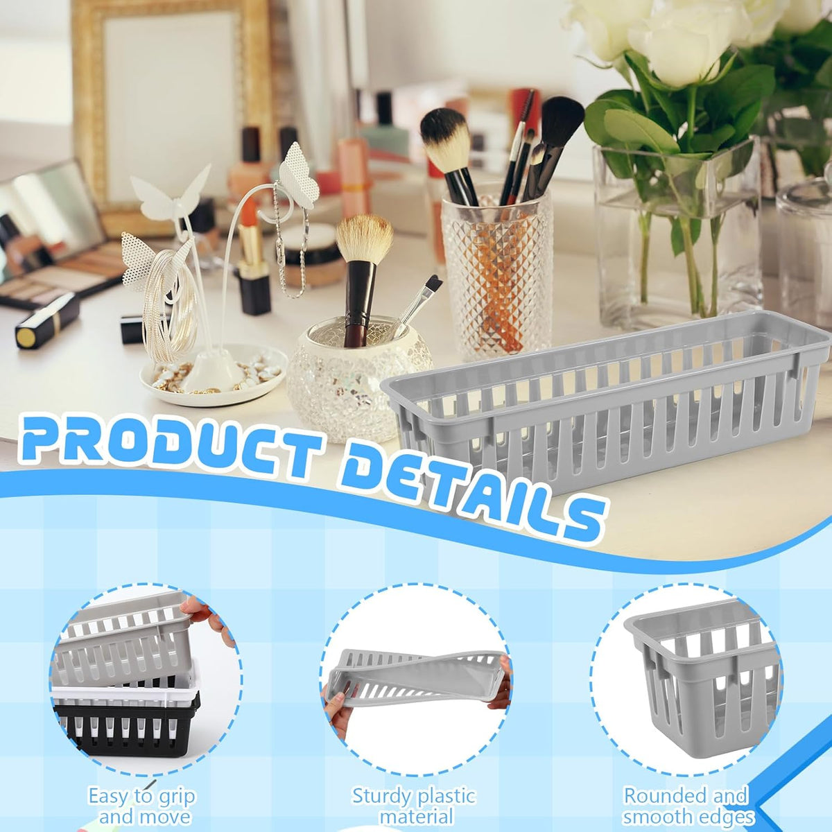 6 Pcs Gray Slim Plastic Storage Baskets Tray 10 x 3 x 2.5 Inch Compact Stackable Desk Organizer for Office, Classroom, School Supplies, and Home Storage, Organization(Gray)
