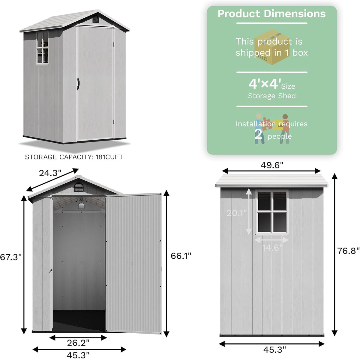 Greesum 4×4FT Plastic Outdoor Storage Shed with Floor, Resin Storaged Sheds with Lockable Door, Window & Vent, All-Weather Tool Sheds for Garden, Backyard, Patio, Light Gray (One-Piece Panel)