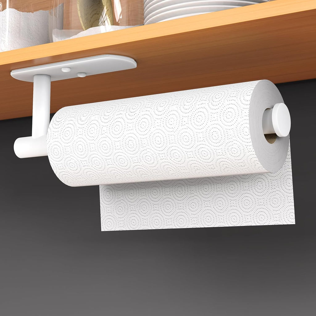HUFEEOH Adhesive Paper Towel Holder Under Cabinet Wall Mount for Kitchen Paper Towel, Stainless Steel Paper Towel Roll Rack for Bathroom Towel (Thick, White)