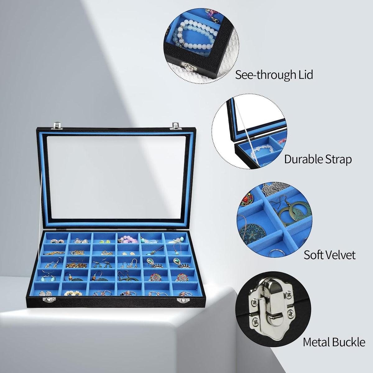 Stratalife Jewelry Holder Organizer Jewelry Drawer Organizer Earring Holder Jewelry Organizer Tray Earring Organizer for Women Girls Anti Tarnish Jewelry Box 30 Grid (Blue Black)