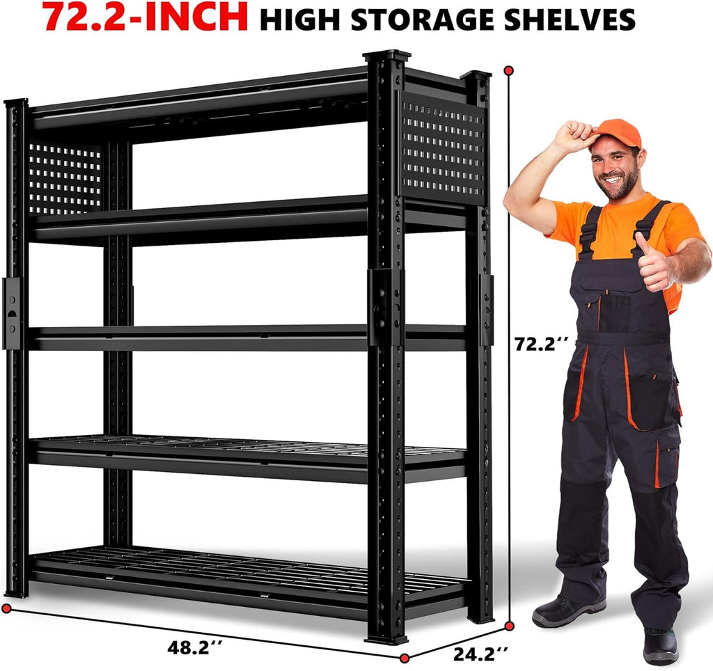 SILVEL 48.2" W Garage Shelving, 5000LBS Heavy Duty Metal Shelving, 2025 Grid Storage Shelves with 2 Side Pegboards, Industrial 5 Tier Shelves for Basement Pantry Warehouse Supermarket, 4 Pack