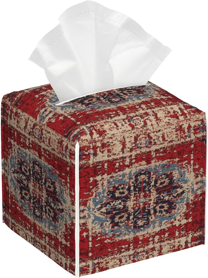 Tissue Box Cover Square, Vintage Boho Carpet Rug Leather Tissue Box Holder Decorative Organizer for Bathroom, Home Office Car Decor