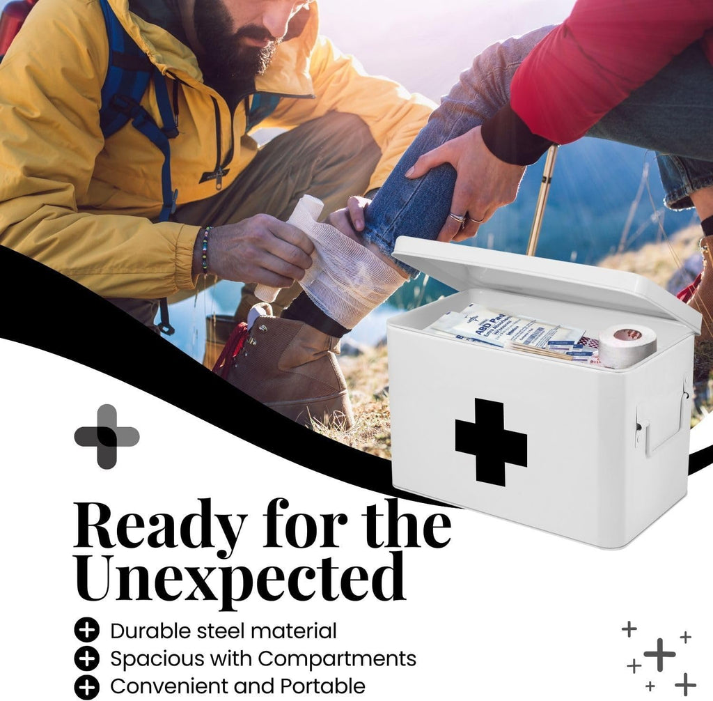 Flexzion First Aid Box Organizer Empty 13" White Vintage First Aid Kit Tin Metal Medical Box - First Aid Storage Box Container Bins with Dividers, Removable Tray and Black Cross Logo
