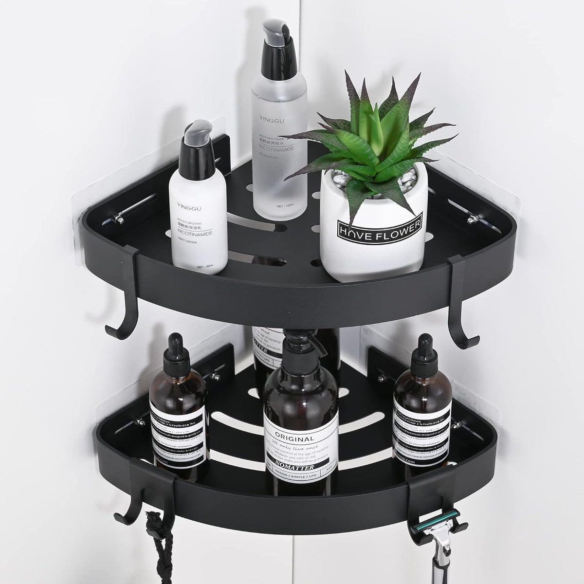 Adhesive Corner Shower Caddy with Hooks,Bathroom Shower Organizer, No Drilling Rust Proof Aluminum Shower Shelf for Inside Shower 2 Pack (Black)