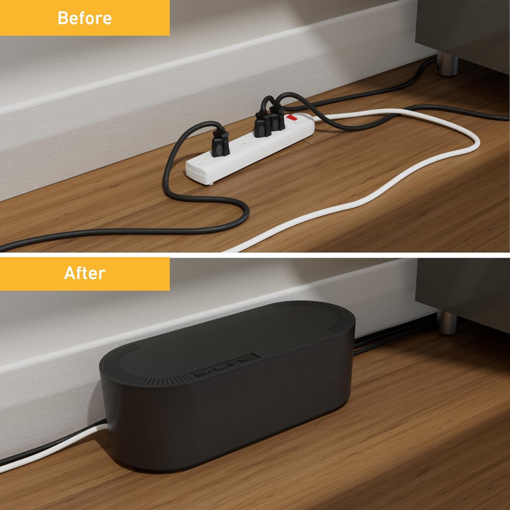 D-Line Cable Management Box, Power Strip Cover, Floor Outlet Hider, Desk Cord Organizer, Hide Extension Leads, 12.75" (L) x 5" (W) x 4.5" (H), for use with Power Strips up to 10.5in (L) - Small, Black