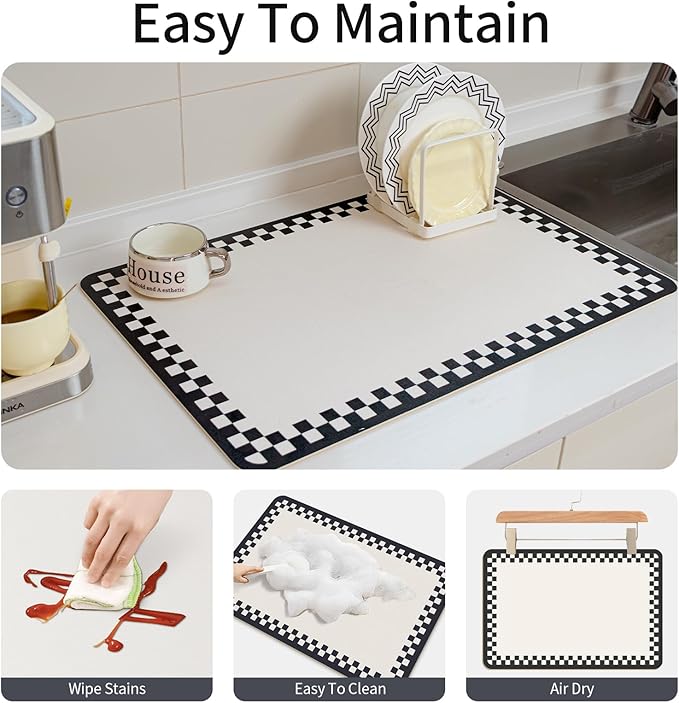 Drying Mat Kitchen Counter 24''x16'' Non-slip Coffee Mat Dish Drying Mat Fits Under Coffee Maker & Espresso Machine Dish Rack,Black White