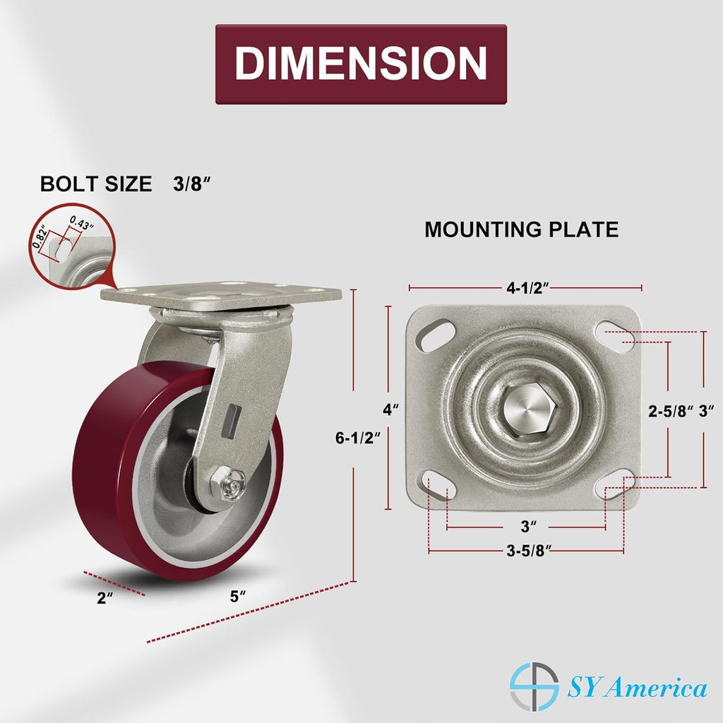 SY America 5" X 2" Casters Wheels,Heavy Duty Industrial Casters，Polyurethane on Aluminum Wheels,1 Swivel Casters,1100 LBS Load Capacity