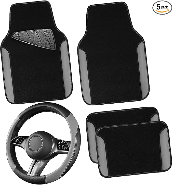 CAR PASS Faux Leather Steering Wheel Cover and Waterproof Car Floor Mats,Universal Car Combo Fit for 95% Sedan,SUV,Cars,14.5-15inch Sporty Anti-Slip Safety Comfortable Design(Black＆Gray)