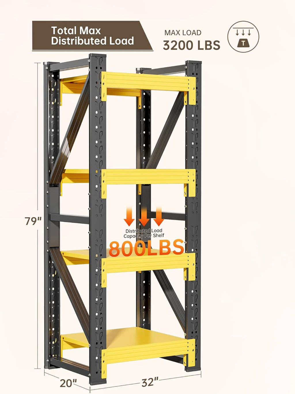 4-Tier Storage Shelves,79" H Heavy-Duty Garage Shelving Unit,Adjustable Industrial Metal Shelf System,3,200lbs Capacity,Tool Organizer for Garage,Workshop,32" W*20" D*79" H,Black&Yellow