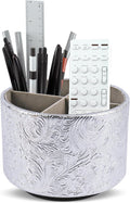 lizimandu Round Leather Art Supply Organizer,Remote Control Holder,360 Degree Spinning,Multi-Functional Pencil Holder,4 Compartments Desktop Stationary Organizer(1-Carved Silver)