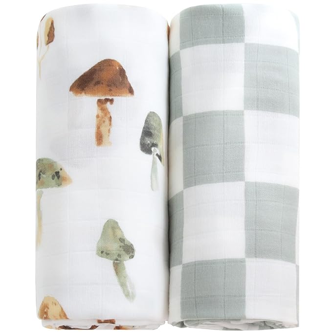 LifeTree Muslin Swaddle Blankets, Baby Swaddling Blanket for Boys Girls, Super Soft 70% Viscose from Bamboo and 30% Cotton, Large 47" x 47", Checkered & Mushroom, Newborn Baby Registry