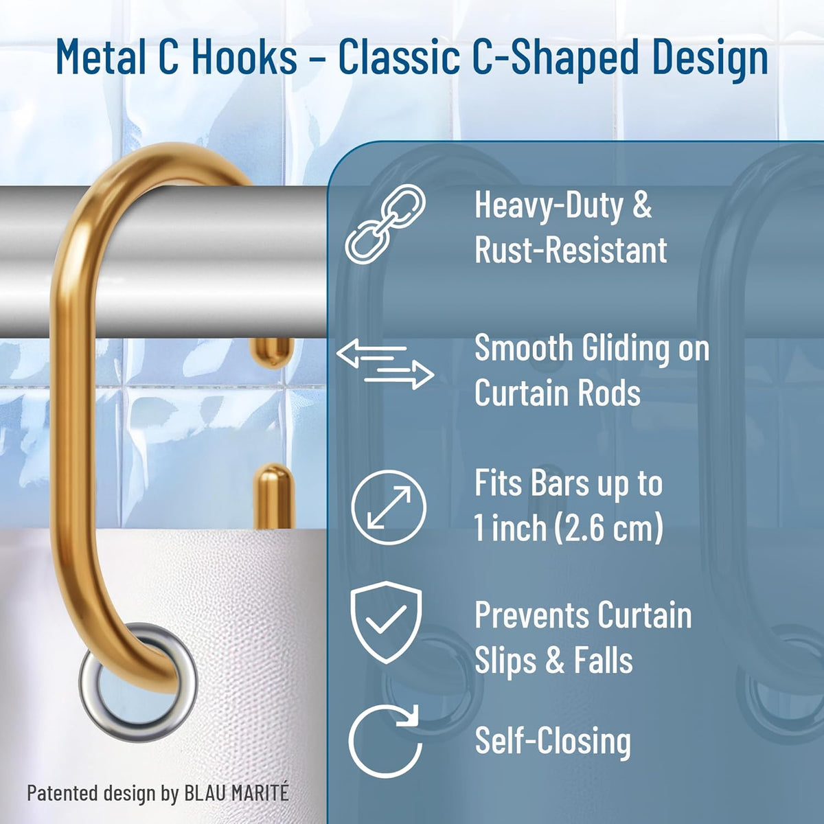 12 Metal Shower Curtain Hooks, Rust-Proof Decorative C-Shaped Curtain Hooks for Bathroom, Golden Shower Curtain Rings, Fits Rods Up to 1 Inch (C, Gold)
