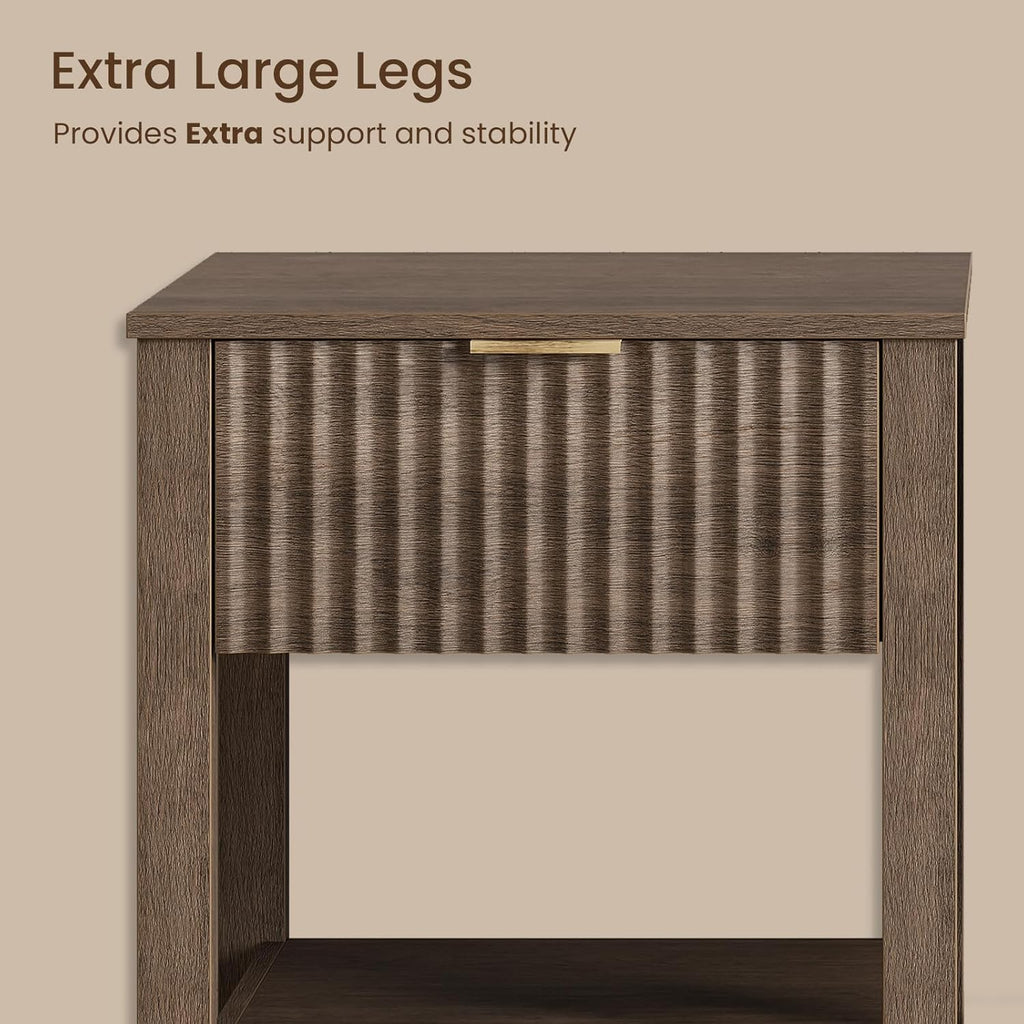 Fluted Night Stand with Golden Handle,Set of 2 Mid-Century Nightstands with Drawer,Bedside Table with Storage Shelf,Large End Tables for Livingroom,Bed Side Tables for Bedroom,Walnut