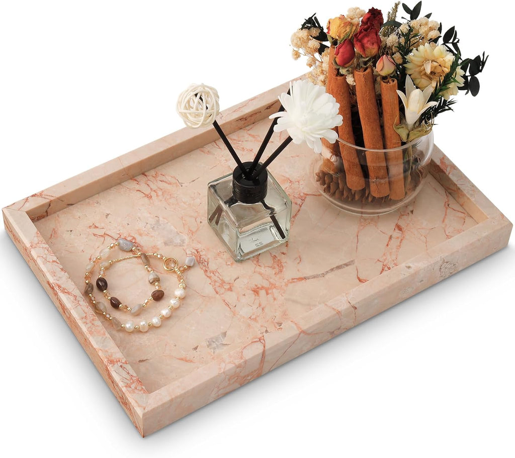 Marble Bathroom Tray,Pure Natural Vanity Tray,Marble Trays for Kitchen Counter Non-Ceramic/Non-Resin,Stone Tray 12 x 8 inch (Pink) ﻿