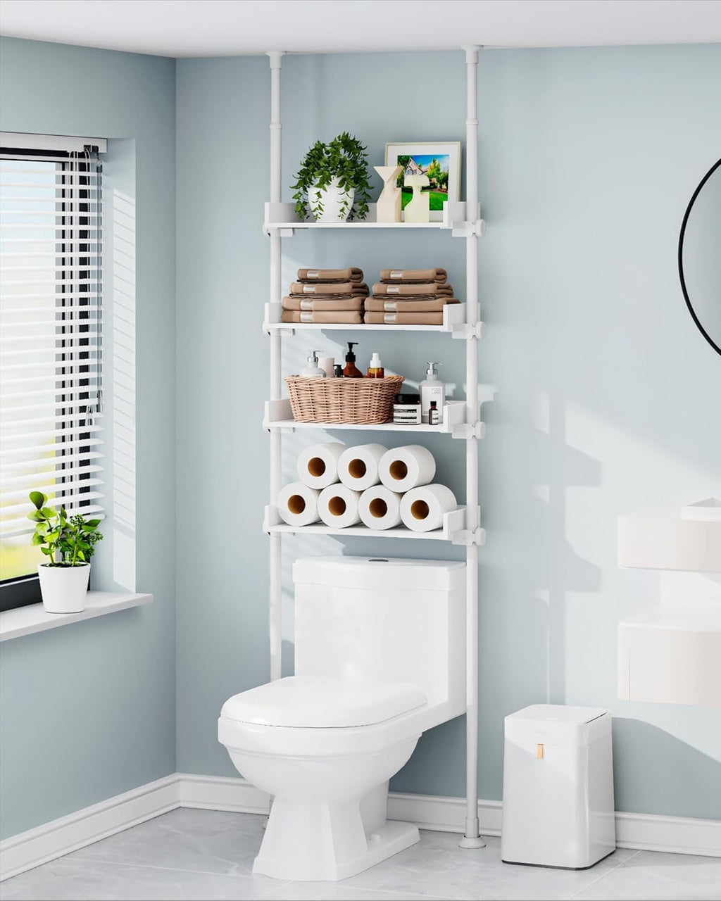 ALLZONE 4 Tier Over The Toilet Storage, Adjustable Wood Over Toilet Bathroom Organizer, Freestanding Shelves, Fit Most Showers Over The Toilet Shelf, 92 to 116 Inch Tall, White