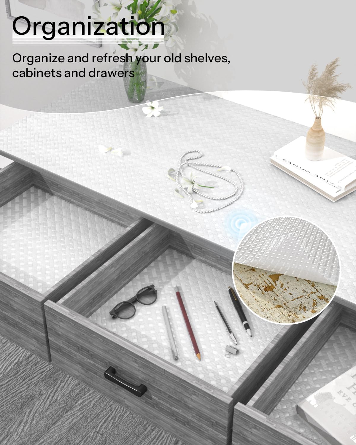 Shelf and Drawer Liner for Kitchen Cabinet, Non-Adhesive 12in x 120in Waterproof Contact Paper Refrigerator Liners Thickened Durable EVA Material Non Slip Mat for Dresser Cupboard Pantry Protector