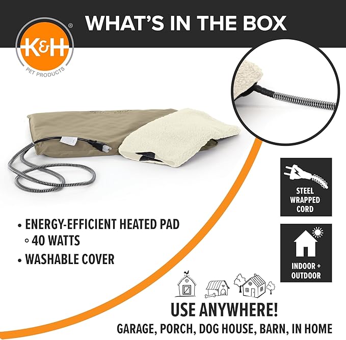 K&H Pet Products Lectro-Soft Orthopedic Outdoor Heated Dog and Cat Bed for Medium Dogs or Big Cats, Soft/Flexible Safety Listed Warming Pad, Waterproof, Washable Cover - Medium 24 X 19in Tan 40W