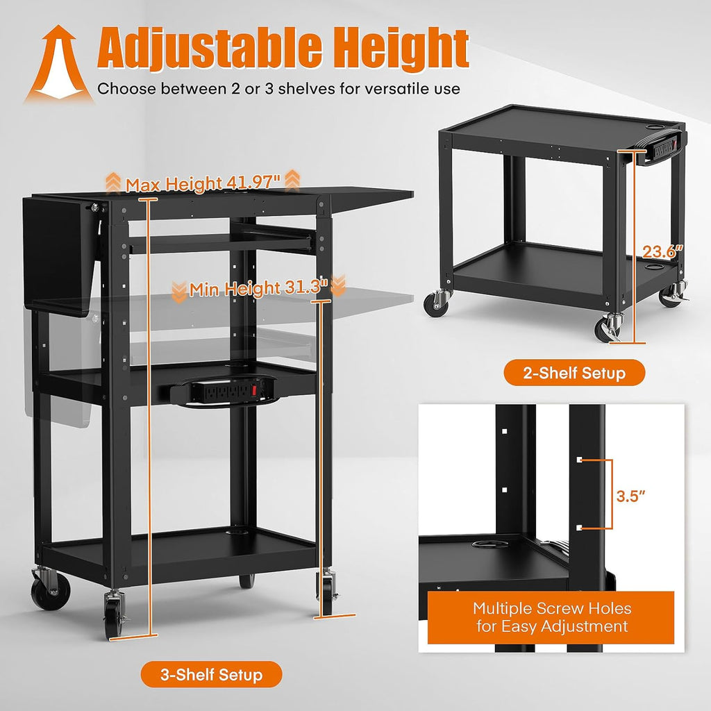 All-Steel Rolling AV Cart with Adjustable Height & Built-in Power – Heavy-Duty Media Workstation with Drop-Leaf Shelves & Wheels for Projectors, Laptops, Printers – Classroom, Office & Studio, Black
