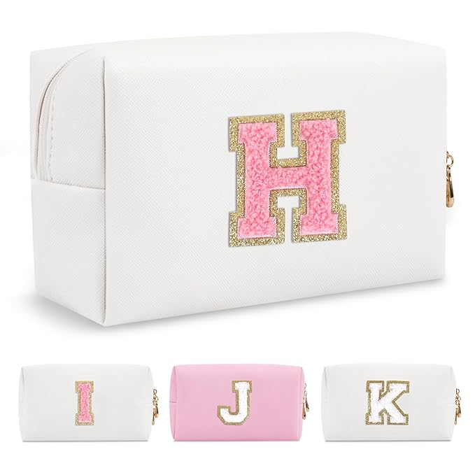 Personalized Makeup Bag Initial A-Z Preppy Patch Bag,Small PU Leather Travel Cosmetic Bag Pouch with Zipper,White Cute Toiletry Bag,Gift Ideal for Teen Girls Women Birthday Friend Mom,Letter H