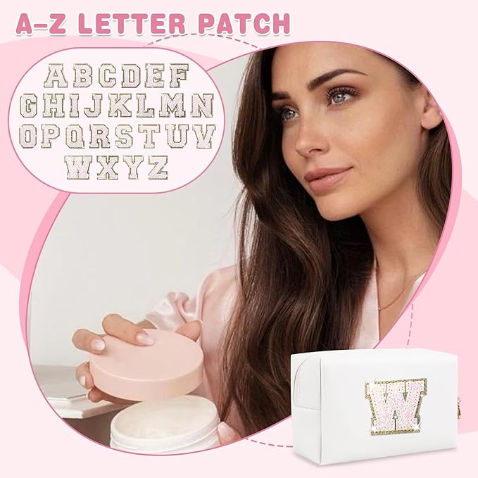 Small Initial Patch Makeup Bag Personalized Gifts Make Up Bag,White Cute PU Leather Glitter Letter Cosmetic Bag with Zipper,Trendy Portable Travel Toiletry Pouch,Preppy Stuff for Teen Girls Women W